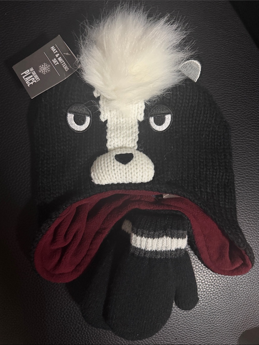 Kids Black & White Plush Animal Pom Beanie Hat with Matching Mittens